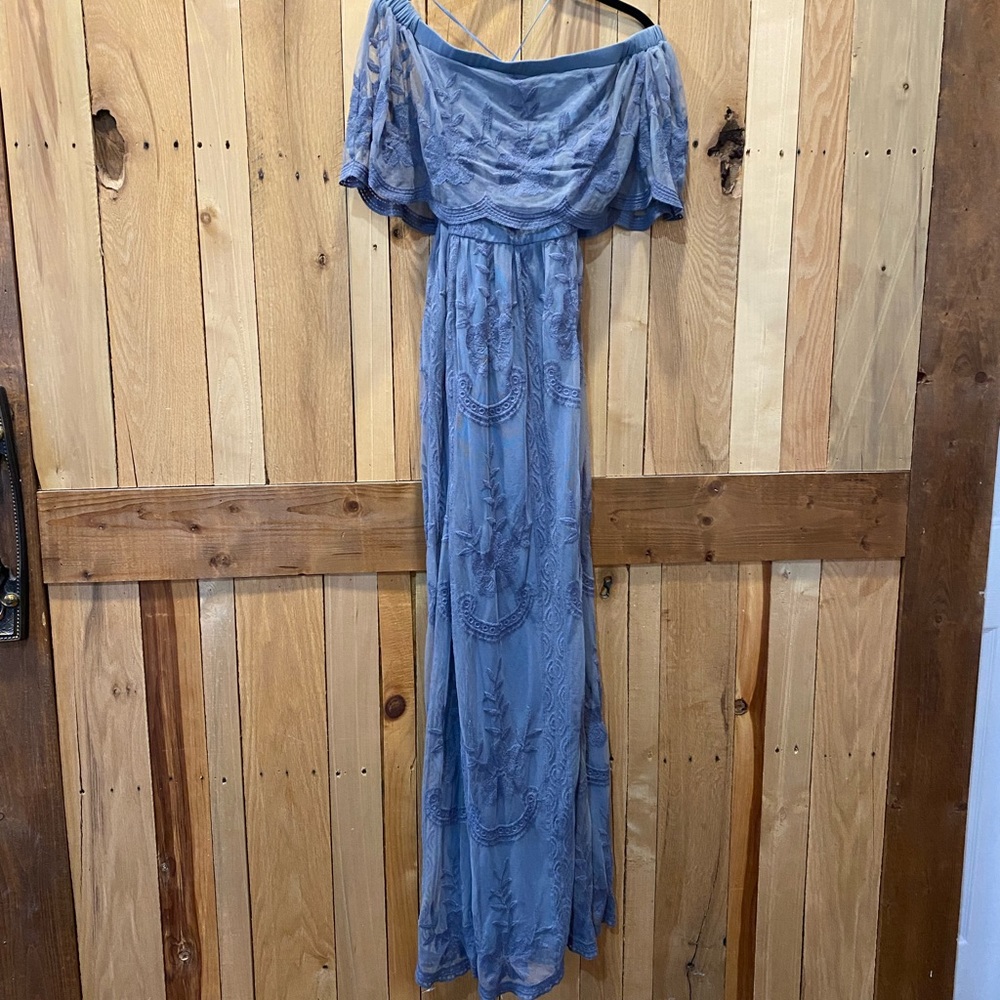 PinkBlush Off the Shoulder blue Lace Overlay Maxi Dress